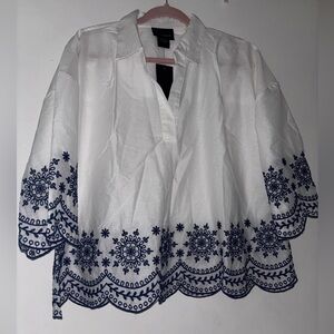 White Embroidered Peasant Top with Navy Blue Trim